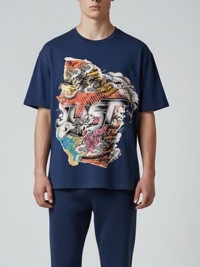 Just Cavalli Graphic Tee | Navy Blue Snake Dragon Animal Art T-Shirt | Size M